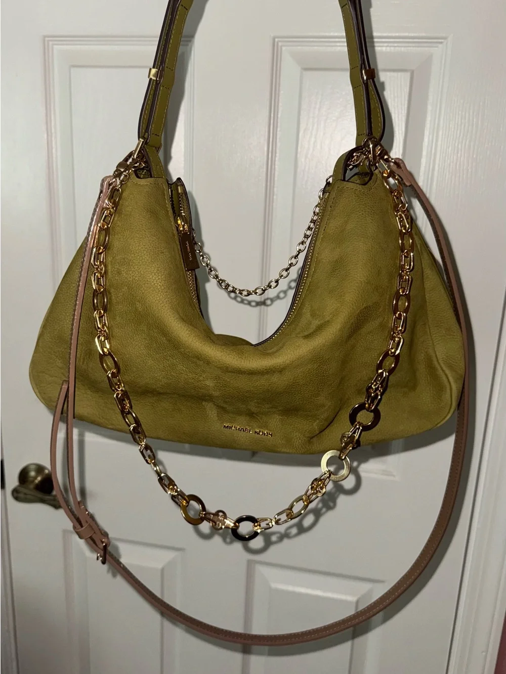 Michael Kors Olive Suede Shoulder Bag with Gold Chain Detail